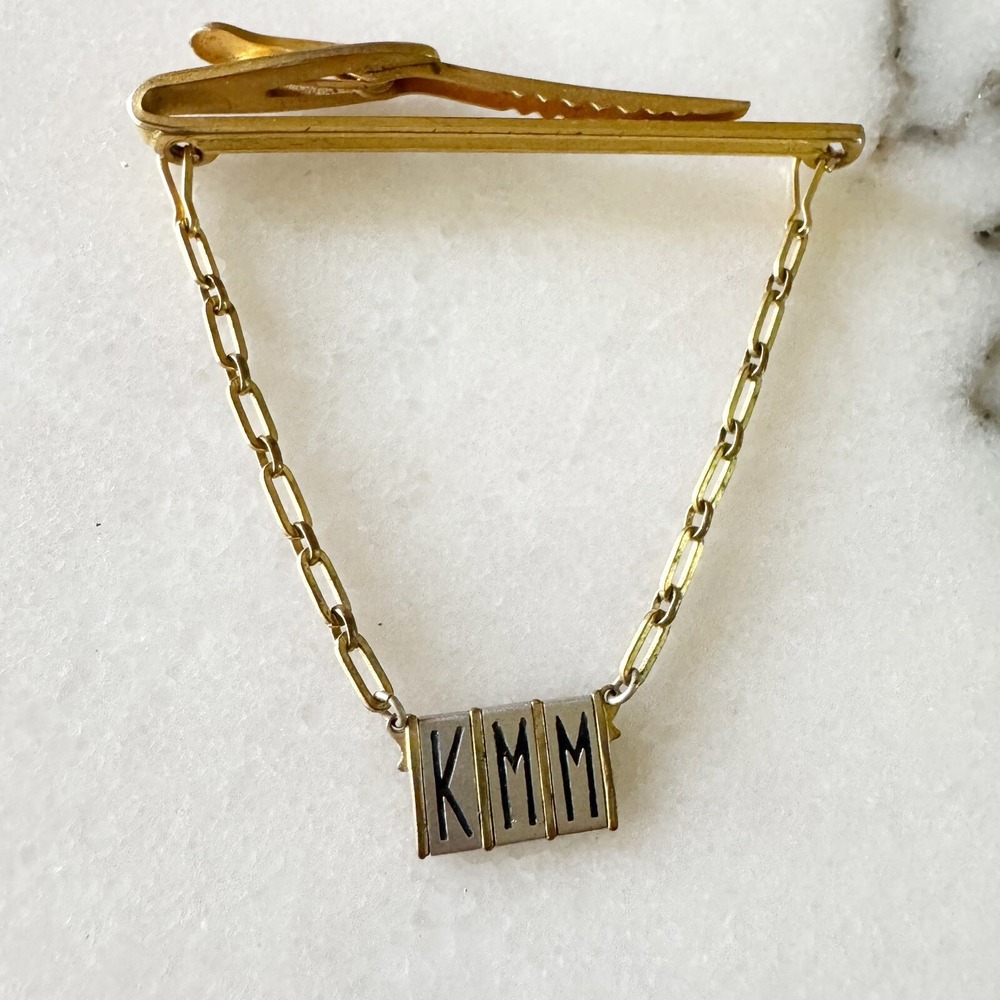 Vintage Hickok Tie Clip Bar Chain‎ With Removable Initials KMM Tags Gold Tone